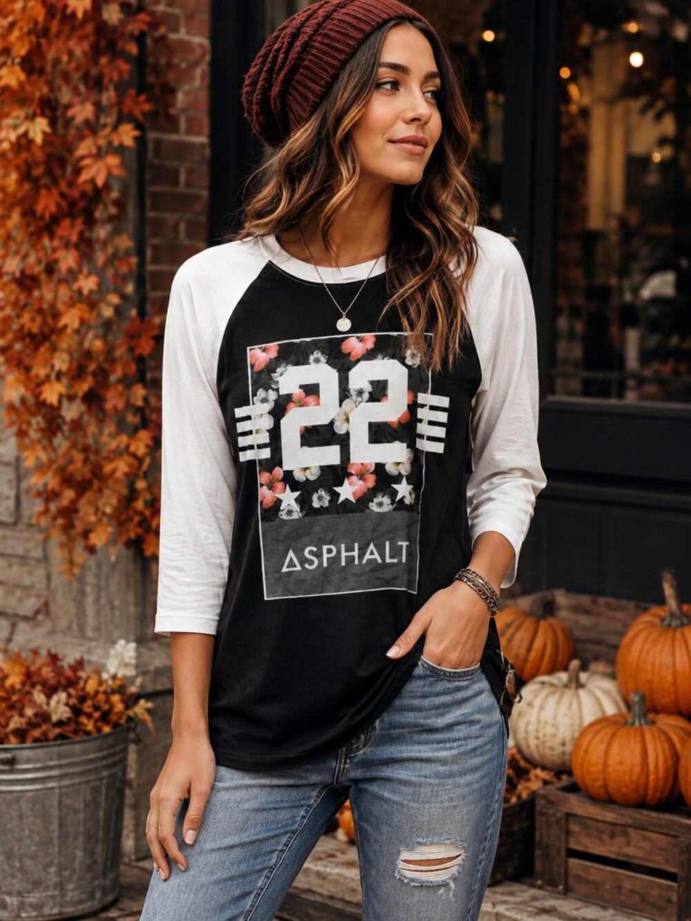 Asphalt Women’s Graphic Baseball Tee Medium Black White 3/4 Sleeve